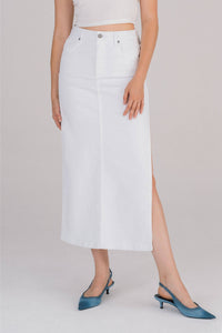 The Peyton - White Side Slit Denim Midi Skirt by Hidden