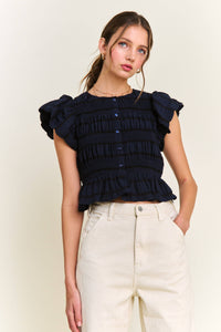 Navy Textured Button Front Blouse Top