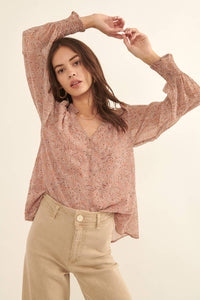 Floral V Neck Button Front Long Sleeve Blouse
