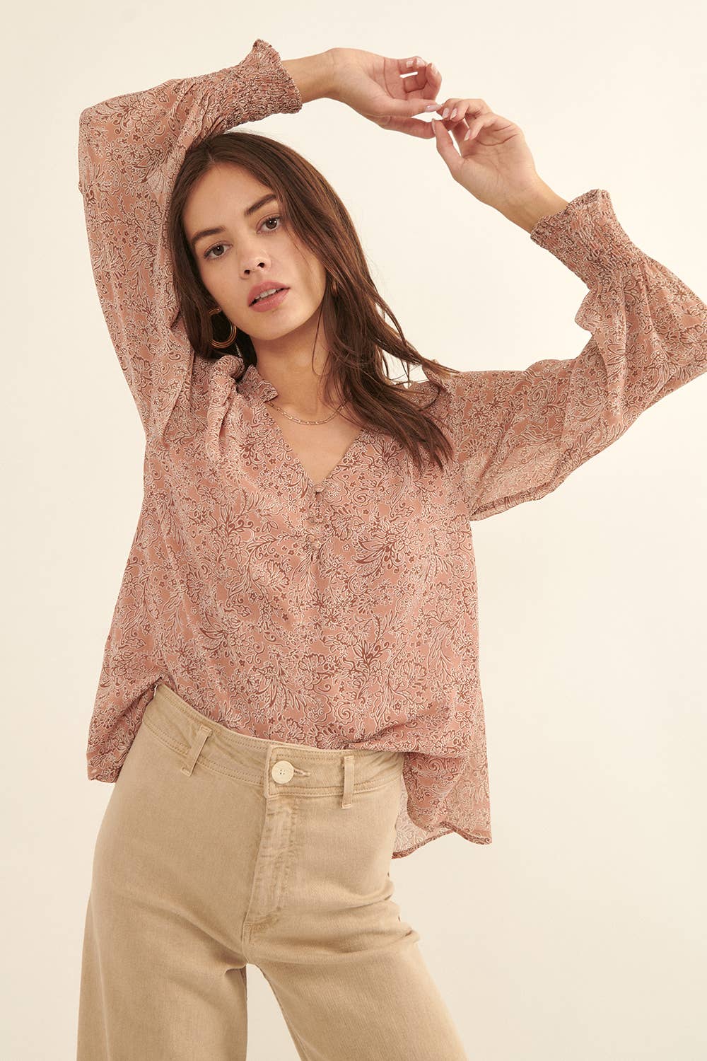 Floral V Neck Button Front Long Sleeve Blouse