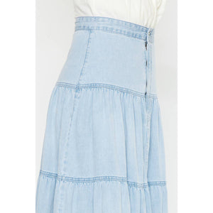 Tiered Denim Maxi Skirt - Light Wash