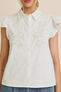 White Embroidered Ruffle Sleeve Blouse
