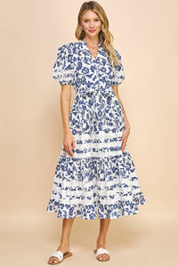 Lace Tiered Maxi Dress - Navy and White Floral