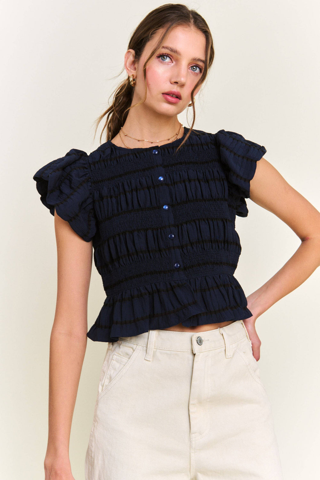 Navy Textured Button Front Blouse Top