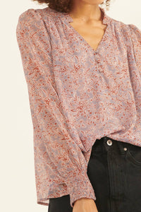 Floral V Neck Button Front Long Sleeve Blouse