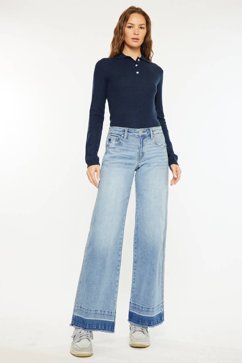 Kan Can Mid Rise Wide Leg with Frayed Hem