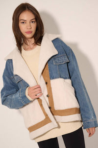 Color Block Denim Suede Sherpa Jacket