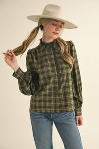 Green Plaid Lace Trim Blouse