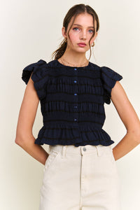 Navy Textured Button Front Blouse Top