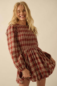 Plaid Flannel Smocked Bubble Mini Dress