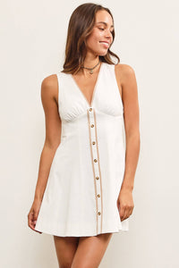 White Linen Button Front Mini Dress