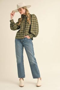 Green Plaid Lace Trim Blouse