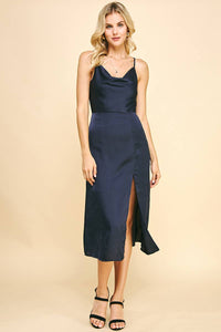 Navy Satin Midi Dress